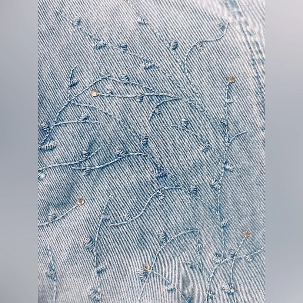 XL LAFEI-NIER COTTON LONG SKIRT DENIM JEAN CHAMBRAY BEADED BLUE SOFT BOHO - Picture 13 of 15